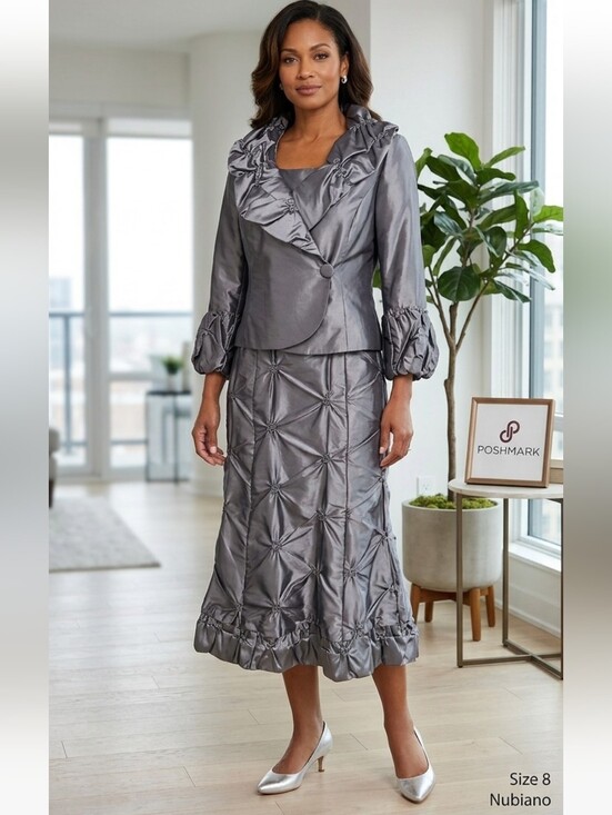 dresses By Nubiano Dresses & Skirts - Nubiano Silver Gray Elegant 2-Piece Dress Suit Set Sz 8 Textured Midi Skirt